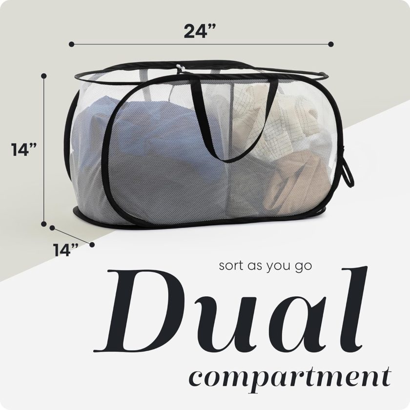 Foldable Laundry Basket - Popup & Collapsible, Durable Mesh Material, Folds for Storage, Easy Carry Handles, Great for College Dorm, Laundry Room or Travel (White-Black | 2-Compartments) - Image 2
